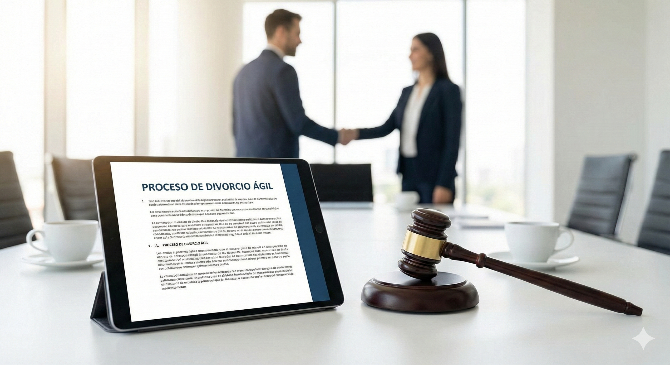 "Proceso de divorcio ágil en Uruguay, martillo judicial y tablet"